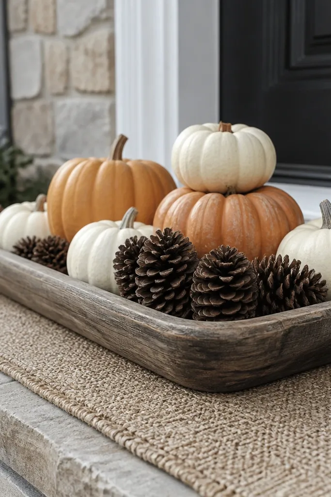 Tray on steps with mini pumpkins, pine cones, and a neutral runner