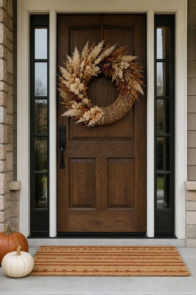 Front door with fall wreath and doormat in matching cream and rust tones