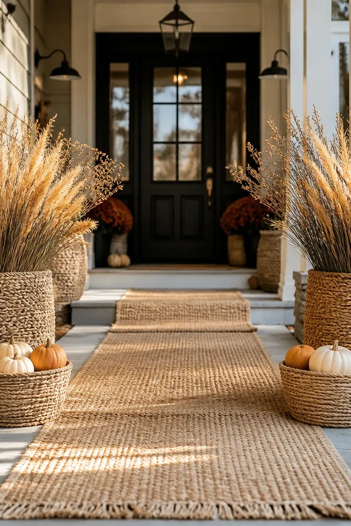 Burlap runner down porch with tall planters and small pumpkins on both sides