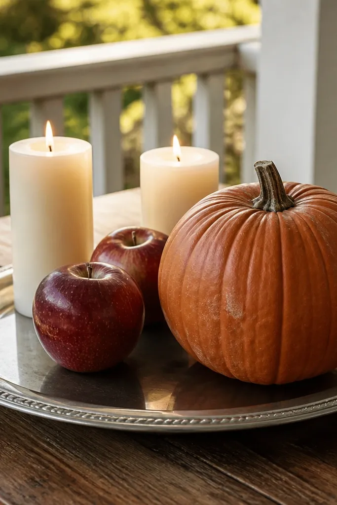 Silver tray with candles, apples, and a single large pumpkin near the door