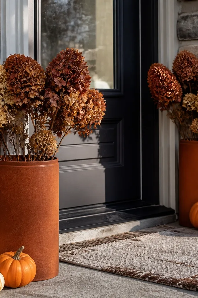 Rust-colored planters with dried flower stems and small pumpkins by the door