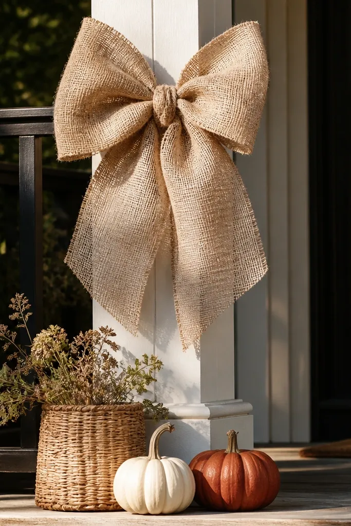 Big burlap bow tied to a porch column with small pumpkins at the base