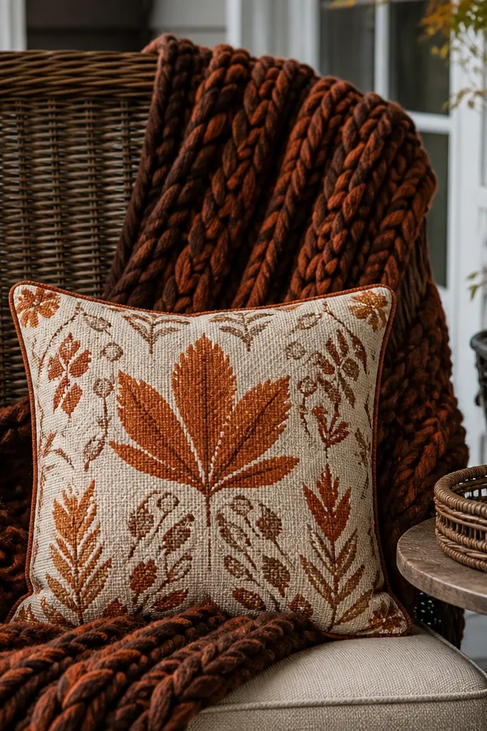 Wicker chair with a chunky knit throw and fall pillows on the porch