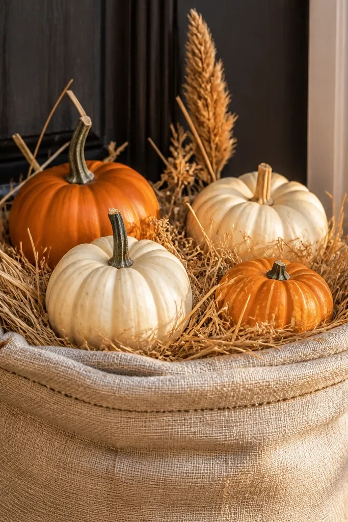 Fabric planter bag near the door filled with straw-colored filler and small pumpkins