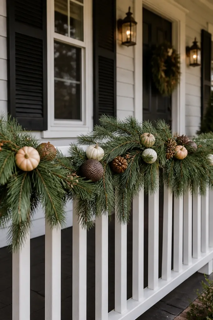Pine-style garland across a porch railing with small pumpkins and pinecones