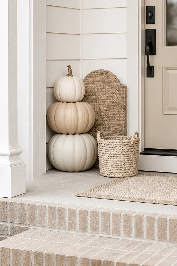 Cream pumpkins stacked by the door with a textured farmhouse sign