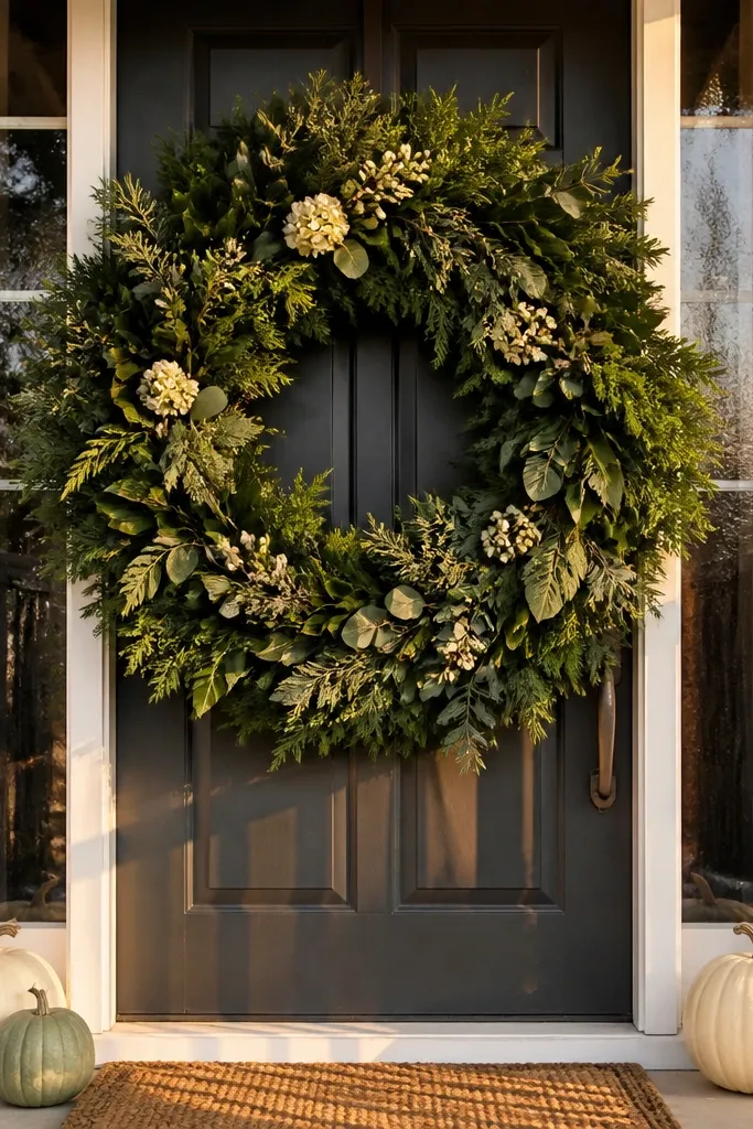 Large fall wreath on the front door with one statement rust color and neutral accents