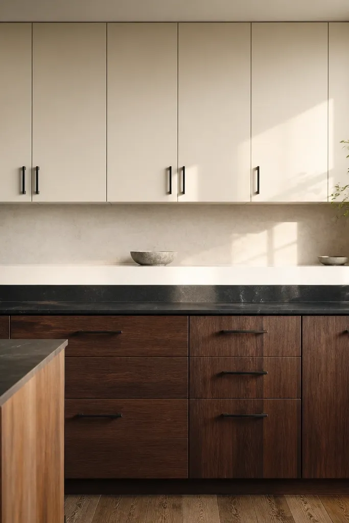 Light cabinets with a darker base row and a pale countertop band