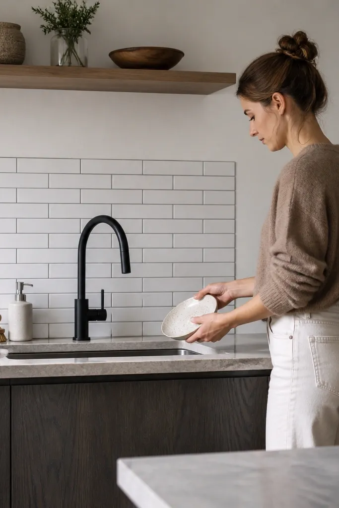 Small tile backsplash around the sink with a clean border line