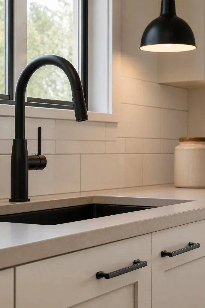 Black faucet and black cabinet handles matching across the kitchen