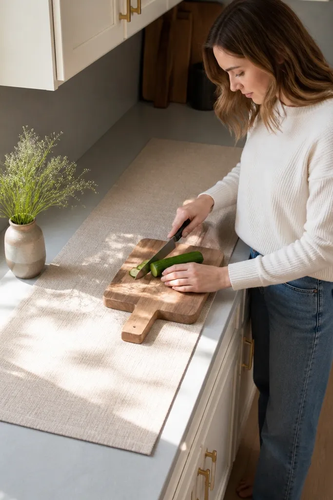 Folded fabric runner on the kitchen counter in one solid color