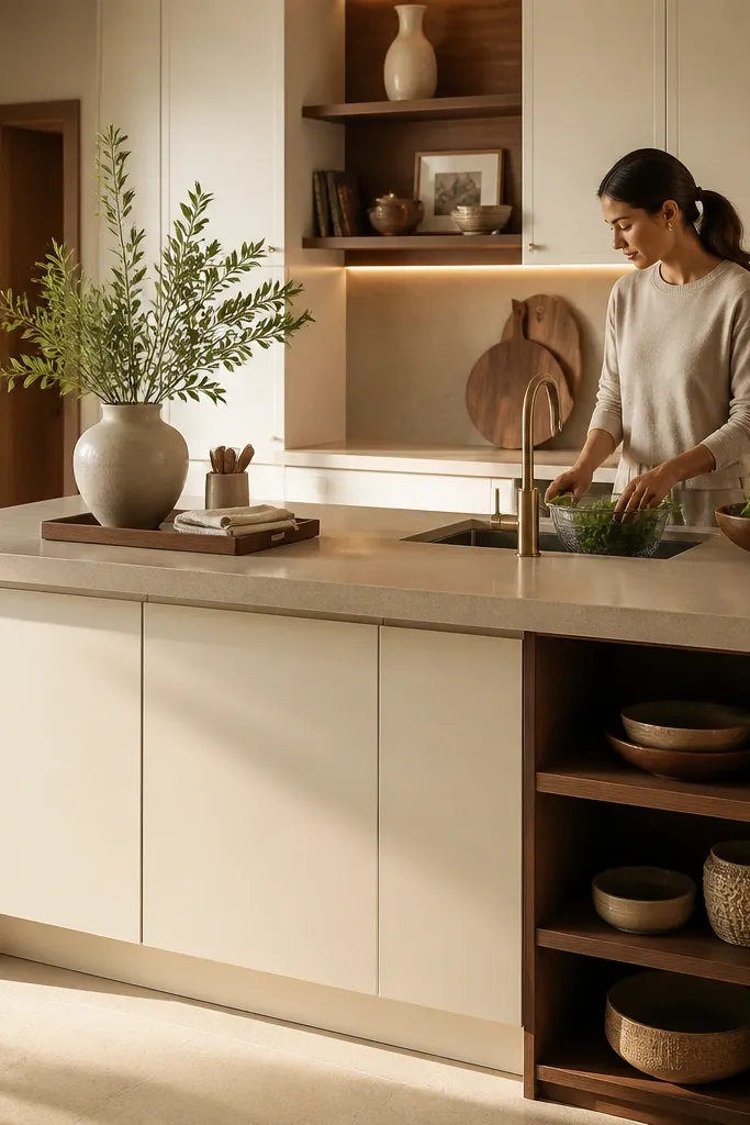 Kitchen island with a clean side for decor and a prep side for tools