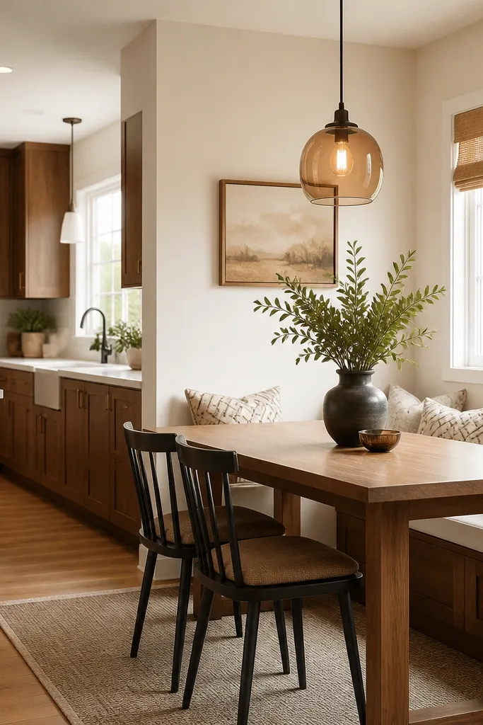 Small dining set with chairs and a wall light behind