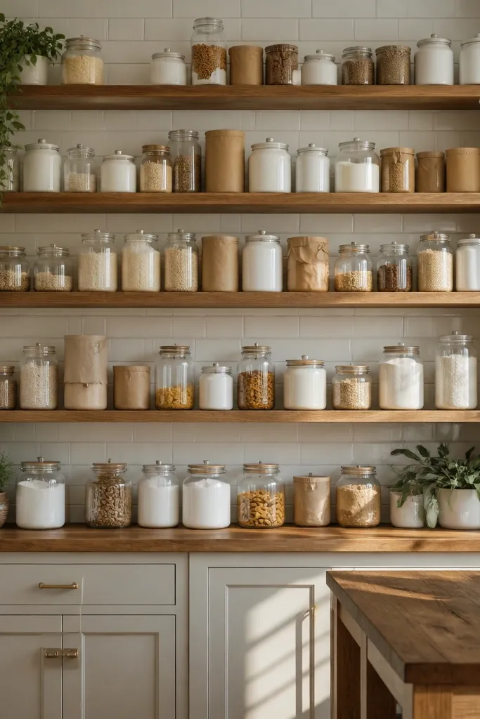 Pantry area with open shelving and neatly stacked jars