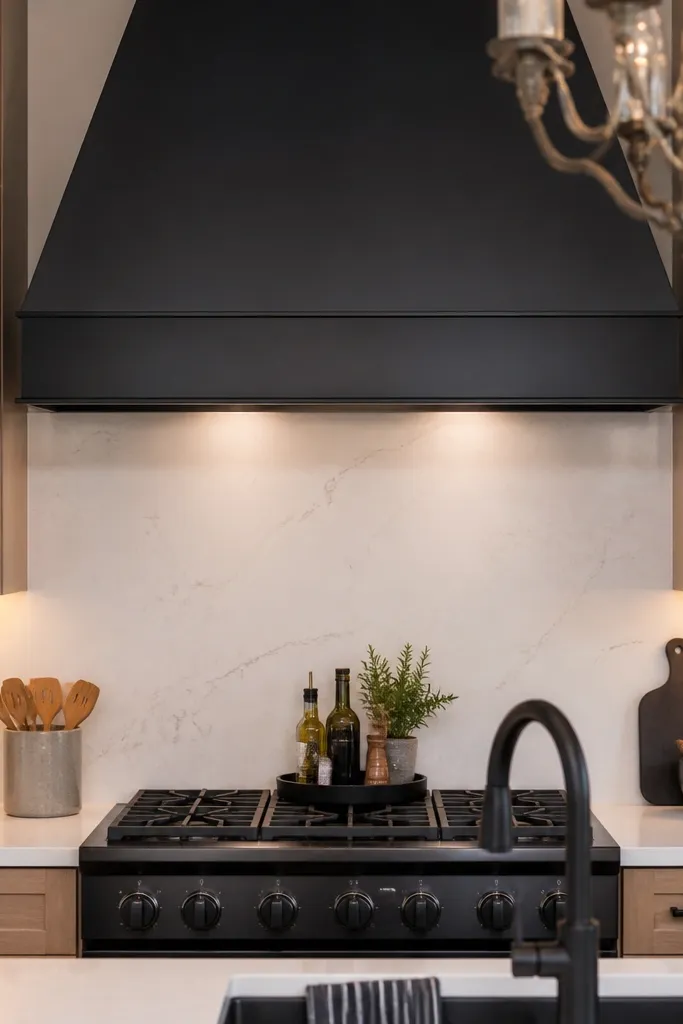 Stove with a centered shelf or hood and tidy counter items