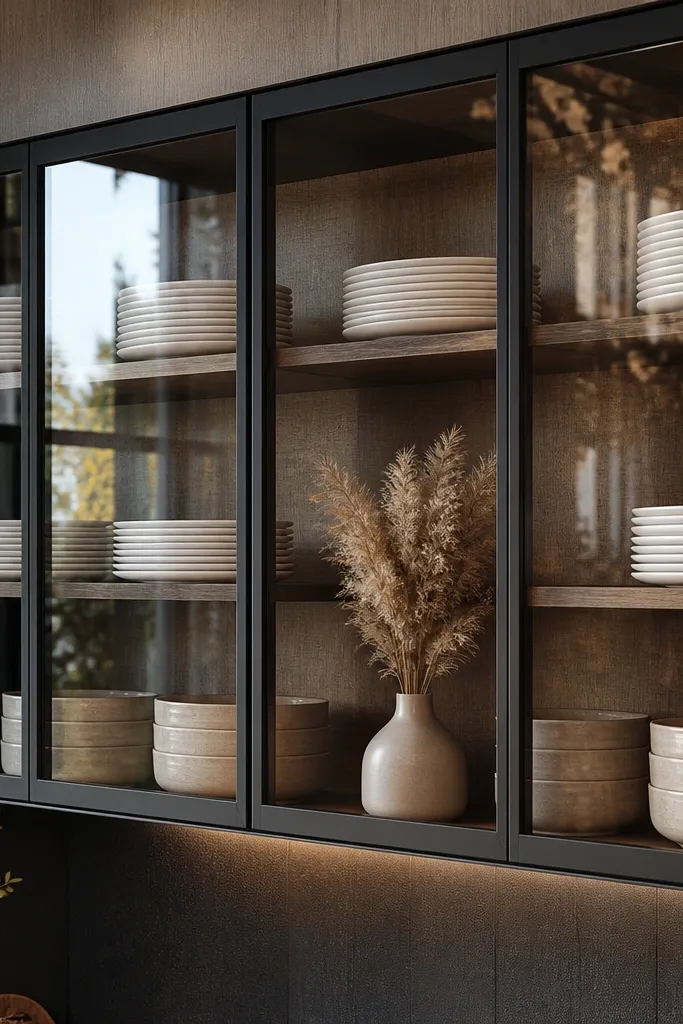 Cabinet doors with glass showing a few matching dishes inside