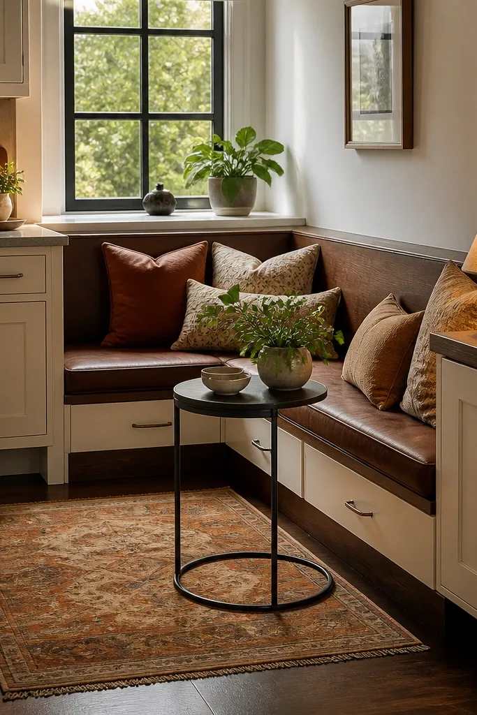 Corner bench seating with a small round side table and lamp
