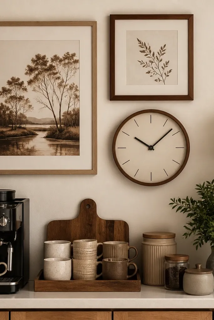 Small wall art and a clock above a coffee setup on the counter
