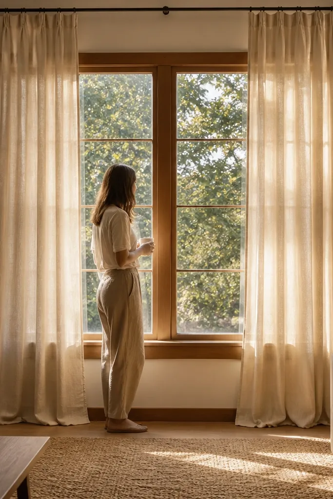 Curtains from ceiling to floor with a rod above the window and a soft valance