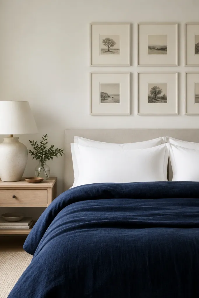 A bed with a navy duvet cover and white pillow shams. Above it, a grid of 6 small cream-framed prints hangs in a neat rectangle. The walls are painted an off-white, and there's a light wood nightstand with a ceramic lamp.