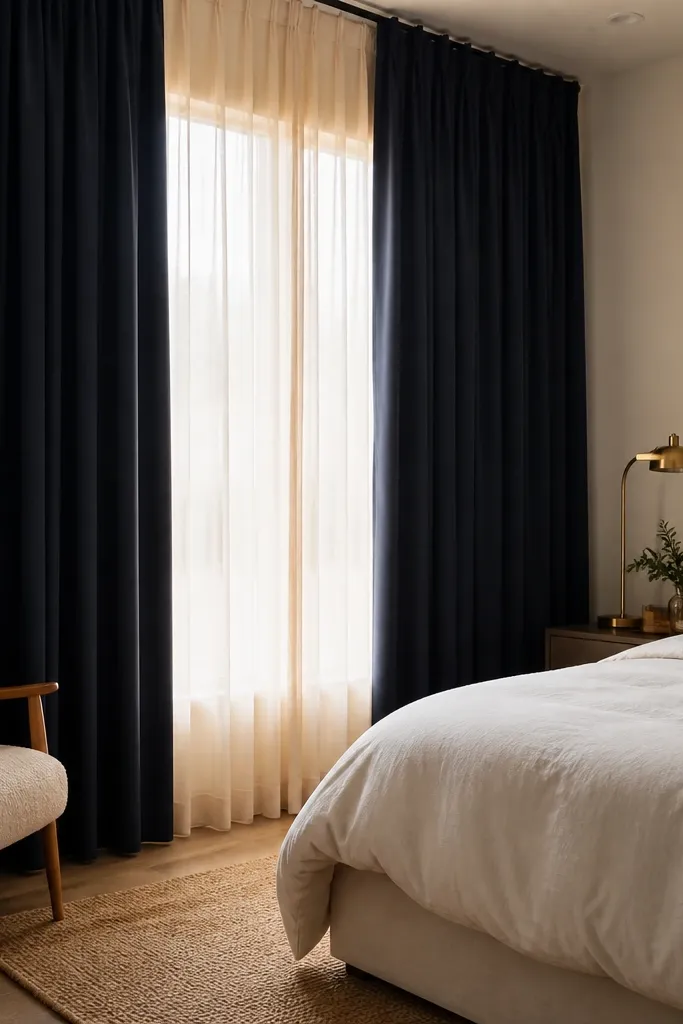 Floor-length navy blackout curtains hang from a ceiling-mounted rod. Behind them, soft warm linen sheers let light spill in. The bed has a simple white duvet, and the room shows a tan rug and a brass bedside lamp.