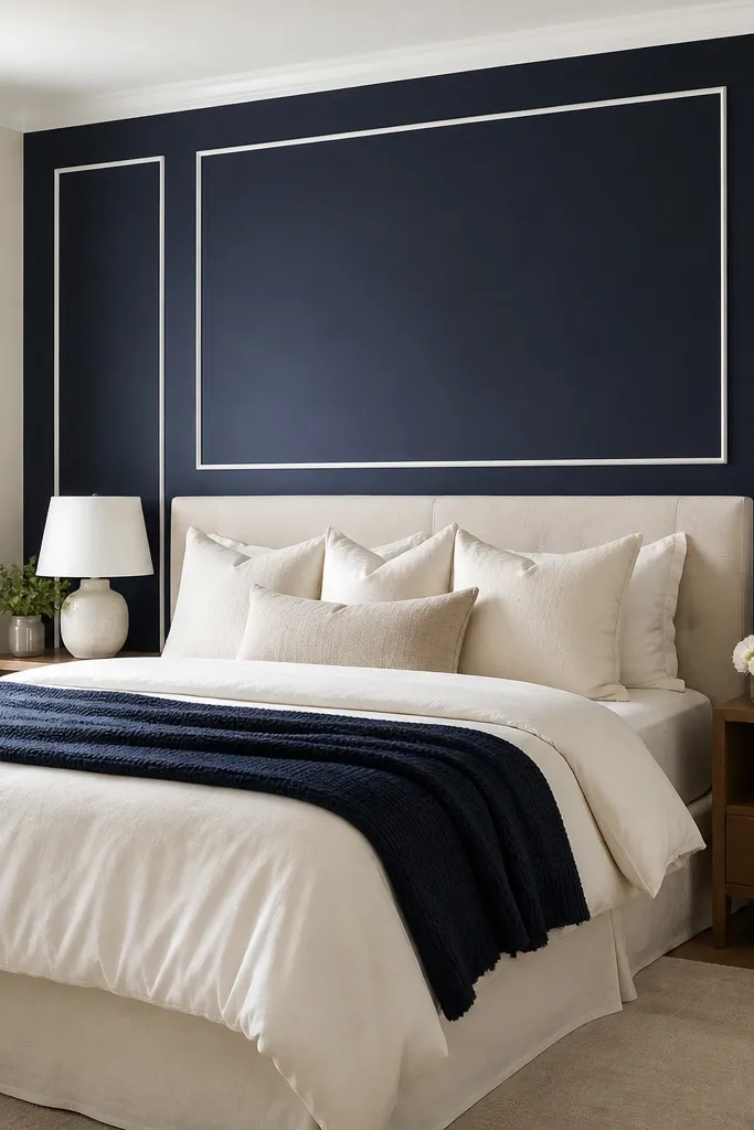 One wall behind the bed is painted deep navy. White peel-and-stick trim creates a simple rectangle panel look. The bed is dressed in cream bedding with a navy throw blanket.