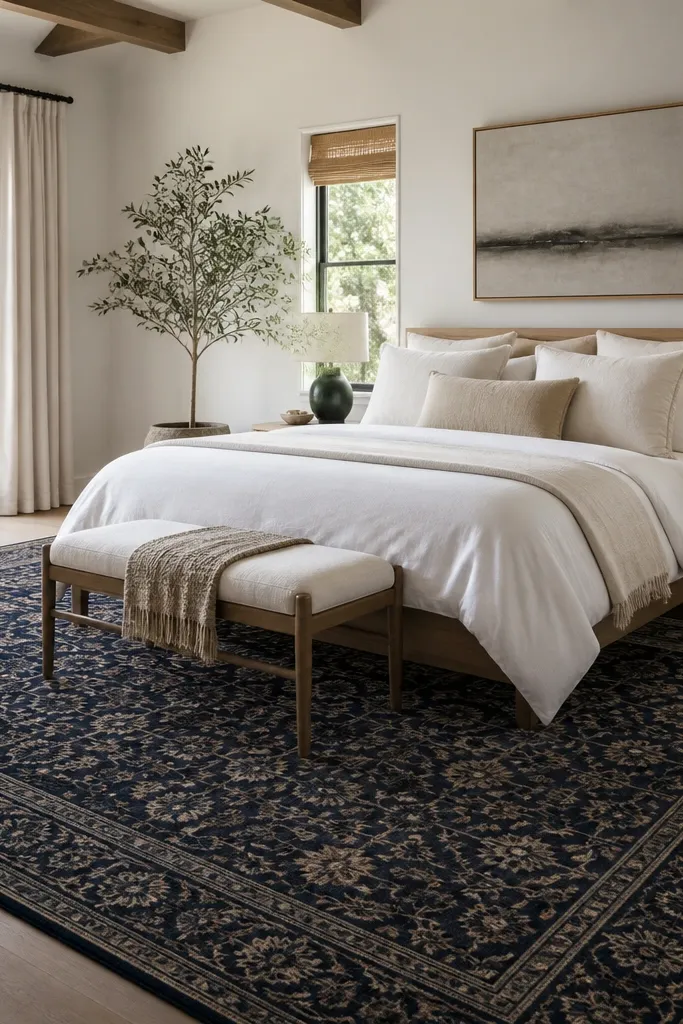 A navy patterned area rug covers most of the floor under the bed. The bed has white bedding and a simple wood frame. Side chairs or a small bench sit near the foot of the bed.