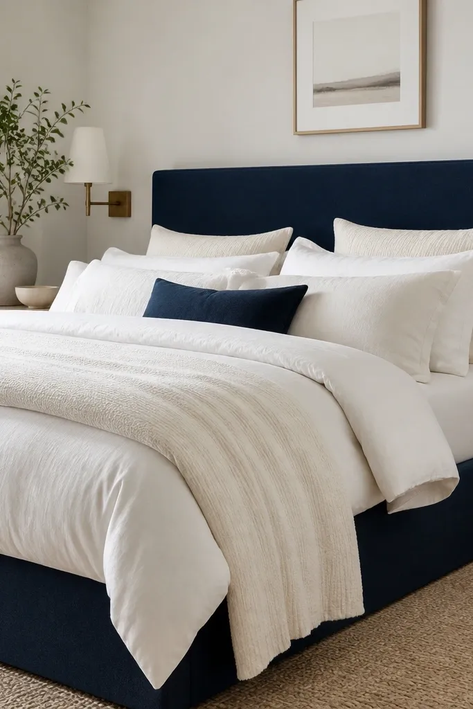 A bed with a headboard covered in navy fabric. The slipcover has tailored seams and fitted corners. The rest of the bedding is white and cream, with a single navy throw pillow.