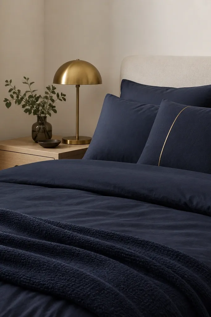 A navy duvet and navy throw blanket. One pillow has a thin brass-gold stripe. A brass table lamp sits on a light wood nightstand, and the walls are off-white.