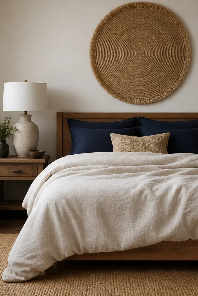 The bed has navy pillows and an oatmeal duvet. On the wall, a large round jute wall hanging hangs above the headboard. The room includes a woven basket and a tan rug.