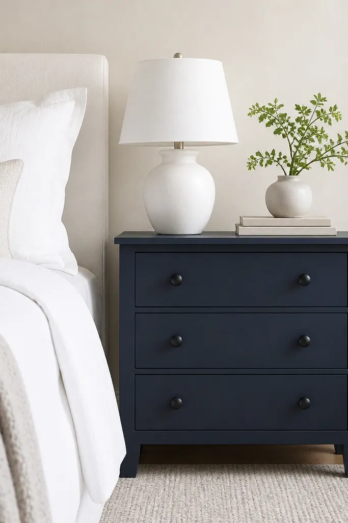 A light wood nightstand painted navy with black knobs. The bed has crisp white bedding and a simple white lamp. The wall is a soft warm white, and the floor shows a light rug.