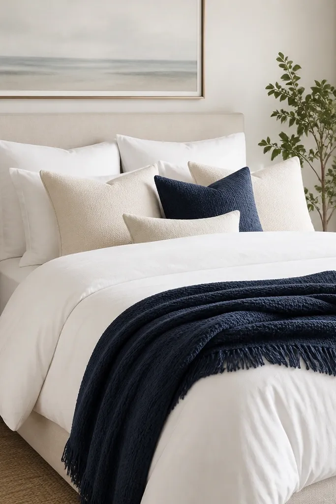 A white duvet with navy throw blanket draped over the foot of the bed. Several pillows mix white, cream, and one navy pillow with a textured cover. The headboard is upholstered in a light neutral fabric.