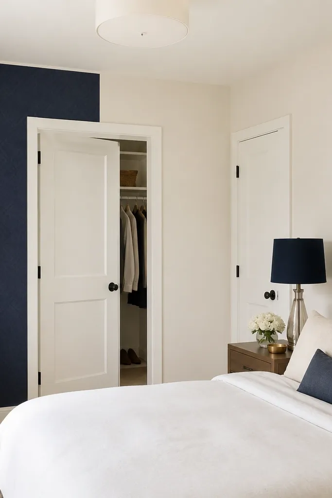 A small section of wall near the closet has navy wallpaper with a subtle geometric pattern. The rest of the room is painted light cream. The bed sits opposite the wallpaper with white bedding and a navy lamp shade.