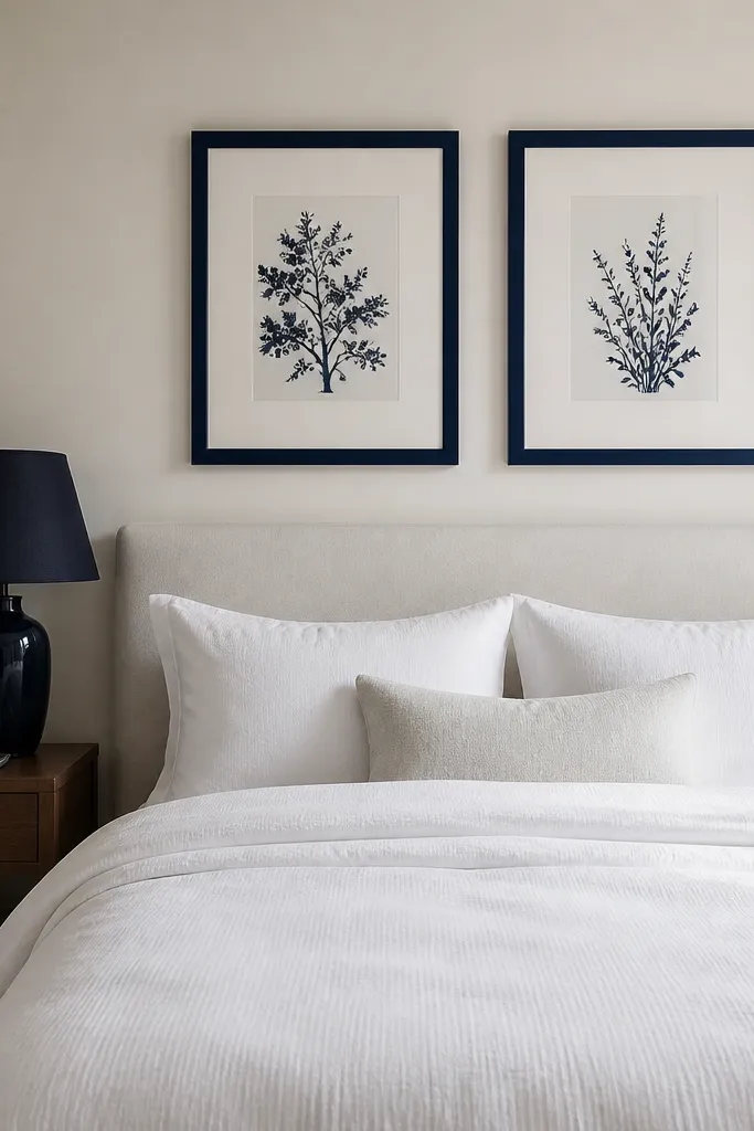 A bedside lamp with a navy fabric shade. Above the bed, two navy-framed prints hang symmetrically. The bedding is white, and the wall is a warm off-white.