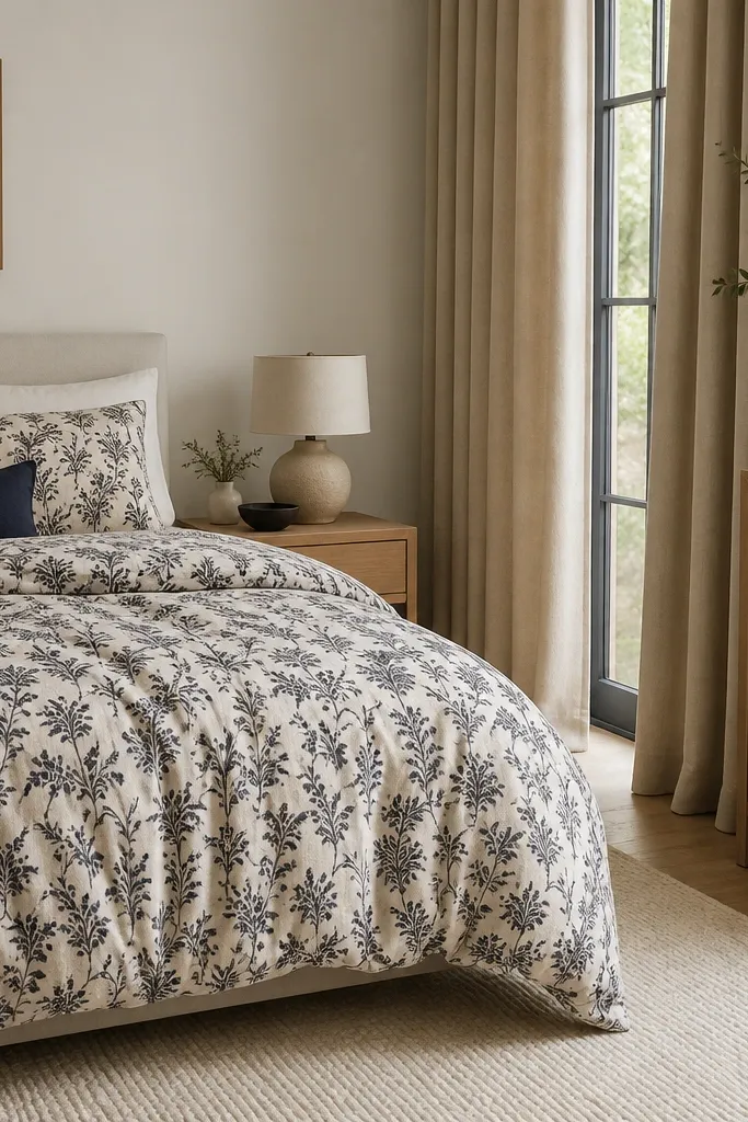 A duvet with a navy pattern on an off-white base. Curtains are solid oatmeal and hang to the floor. The room has a light wood dresser and a cream rug.