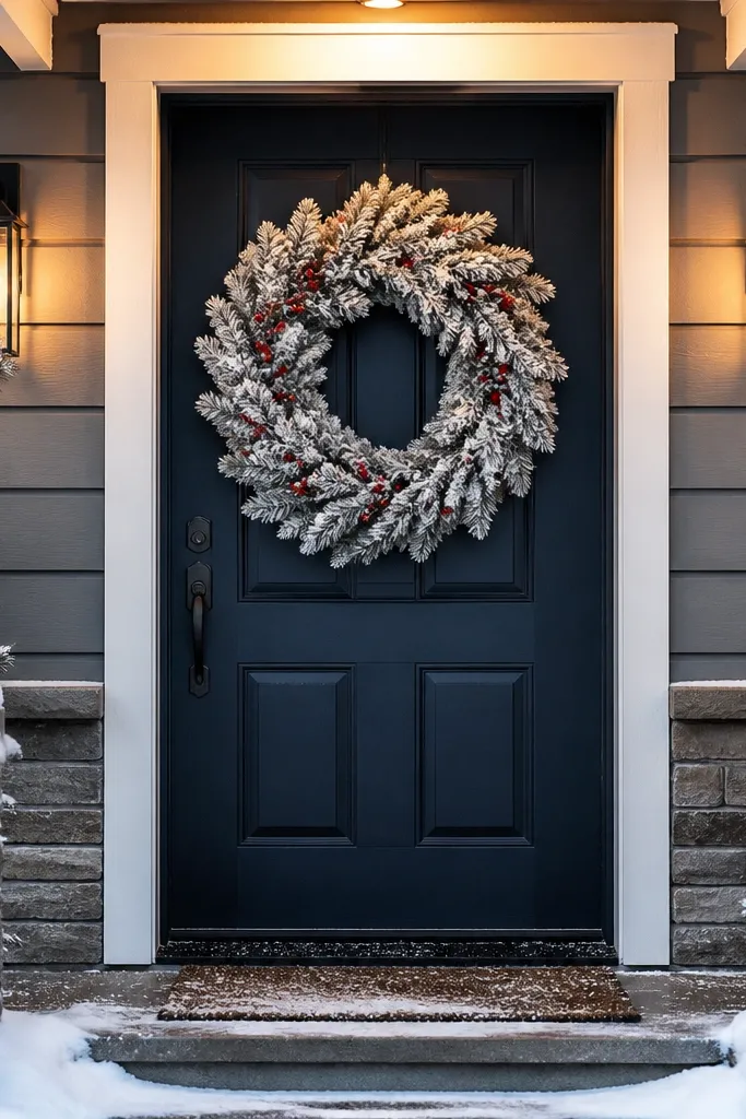 Flocked green wreath with red berry stems on a front door