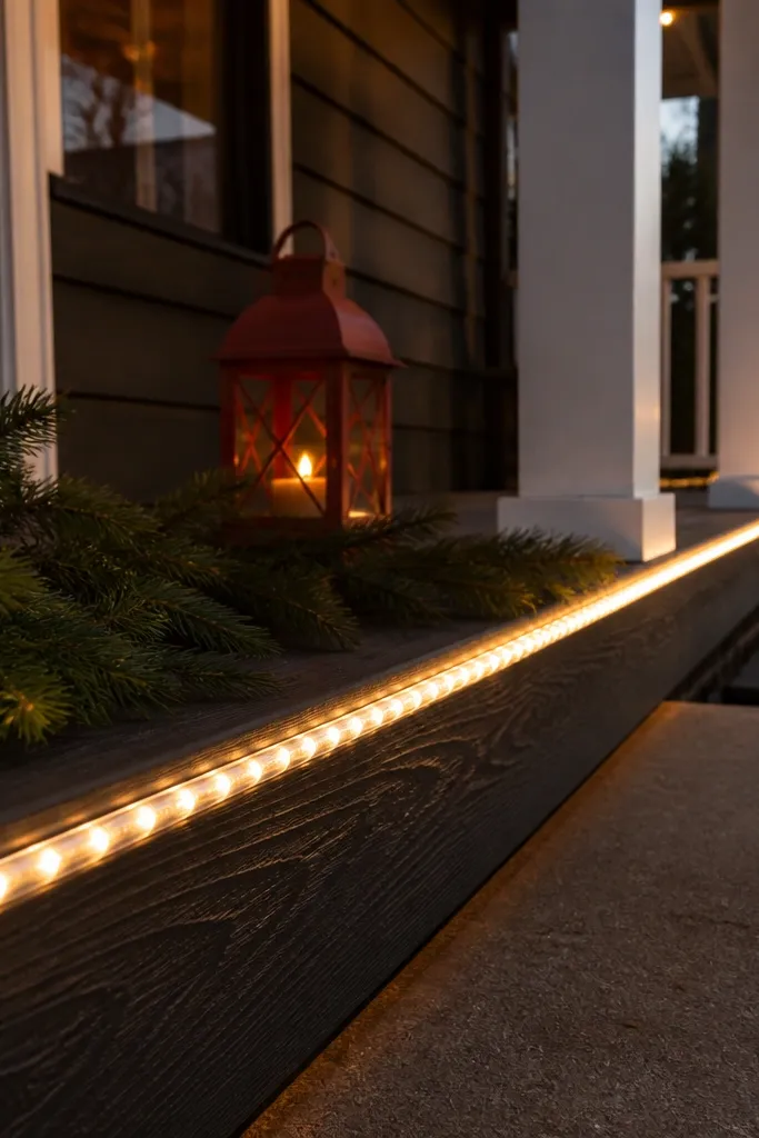 Warm white rope light wrapped along a porch railing