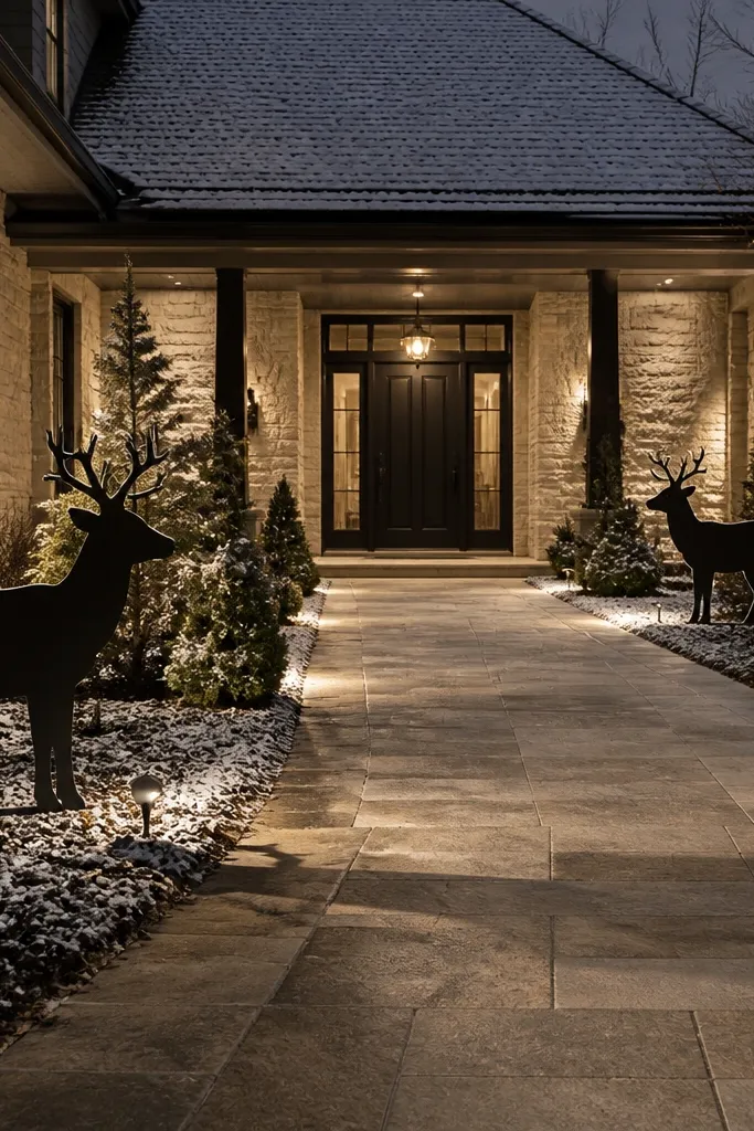 Two black reindeer yard stakes at the corners of a walkway