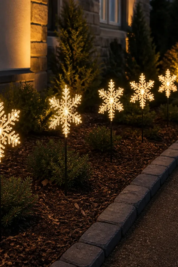 Snowflake LED yard stakes spaced along a mulch border