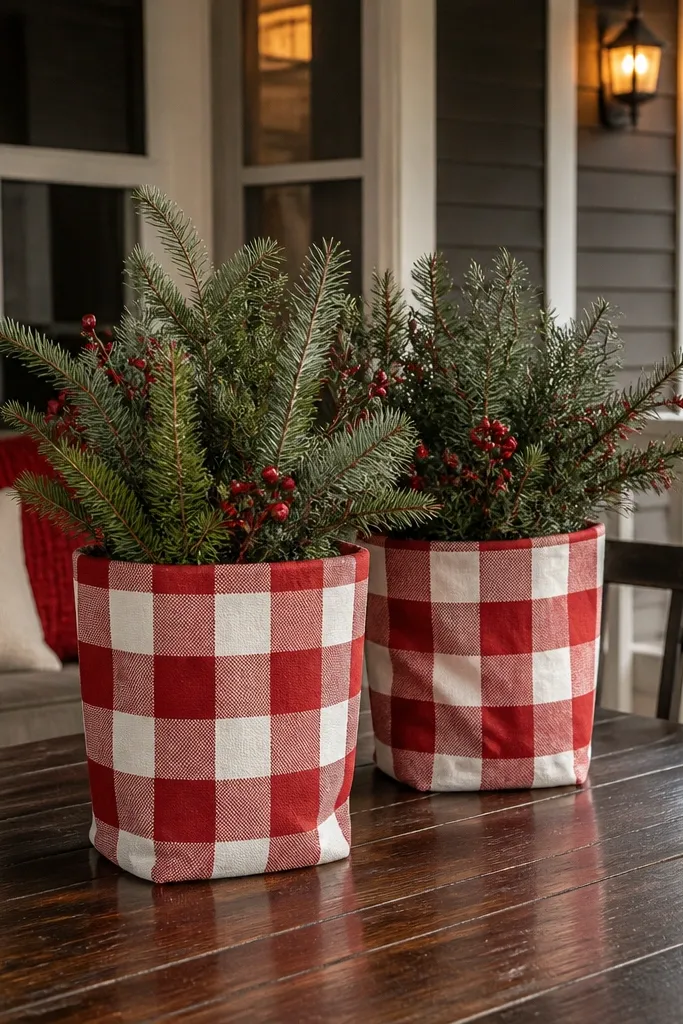 Buffalo check planters with faux evergreens and small red accents on a porch