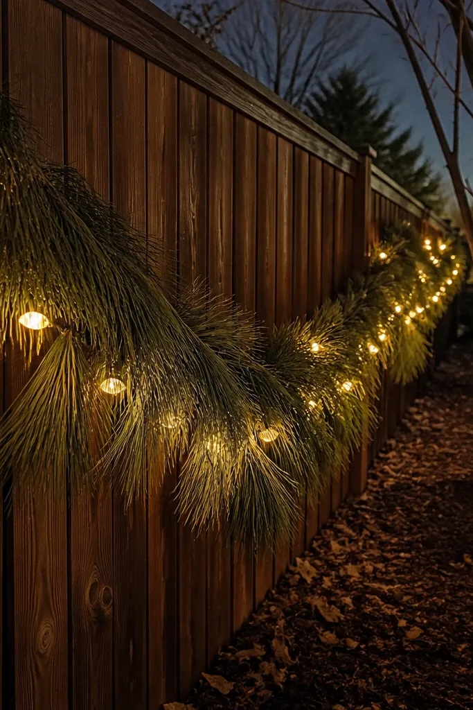 Pine garland draped on a fence with small warm LED tea lights
