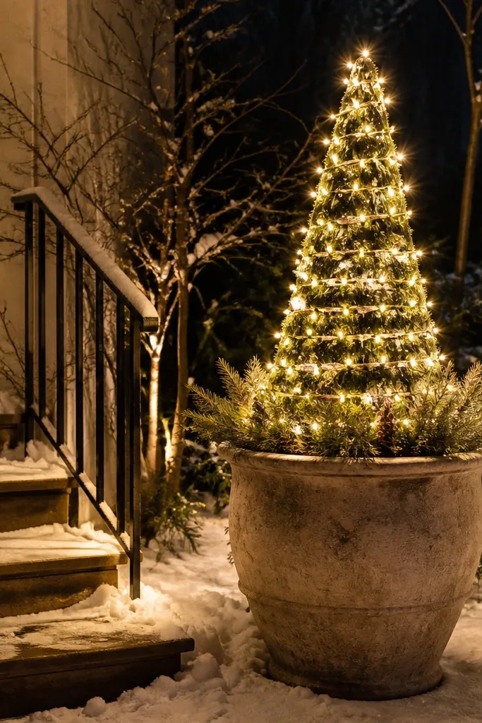 Small cone-shaped yard tree wrapped in warm lights in a planter