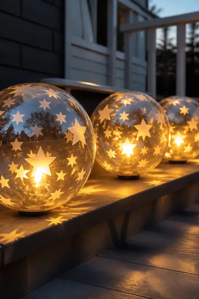 Clear outdoor lanterns with star shapes inside glowing warm white