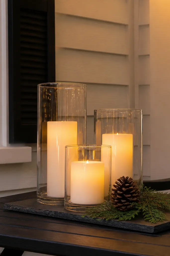 Warm LED candles in glass hurricanes on a porch table