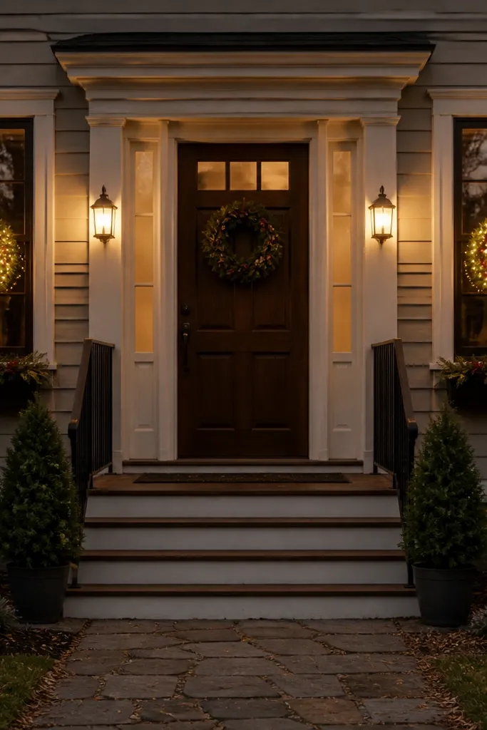 Two lighted wreaths on front window frames with warm white lights