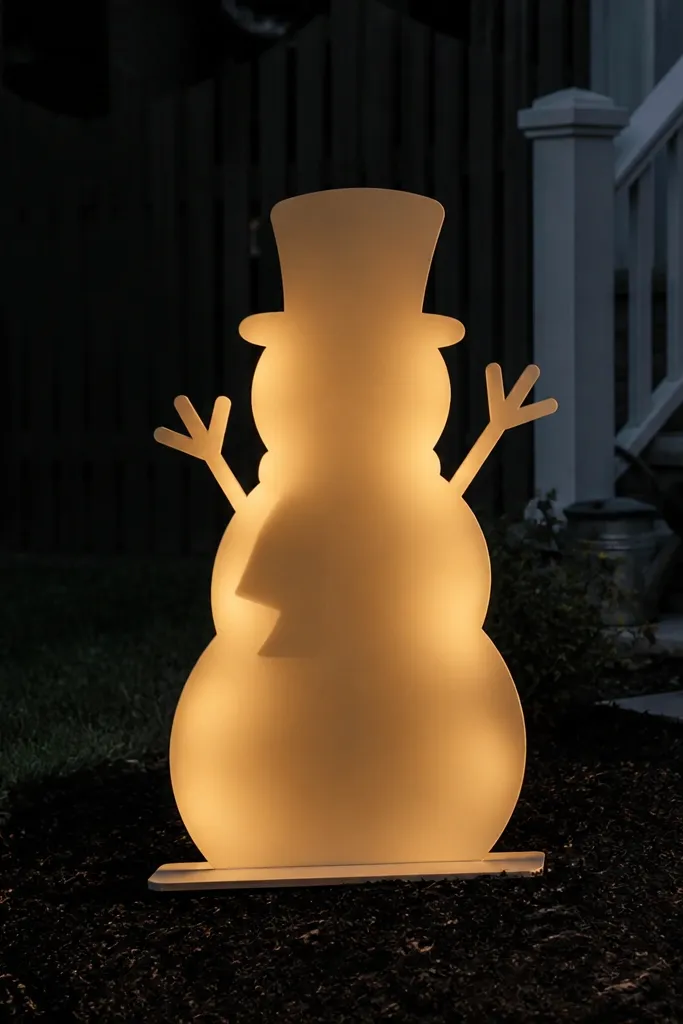 Snowman silhouette yard cutout with warm battery lights behind it