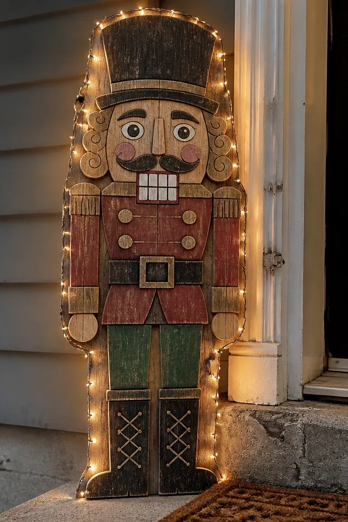 Wooden nutcracker-style sign with warm string lights around it