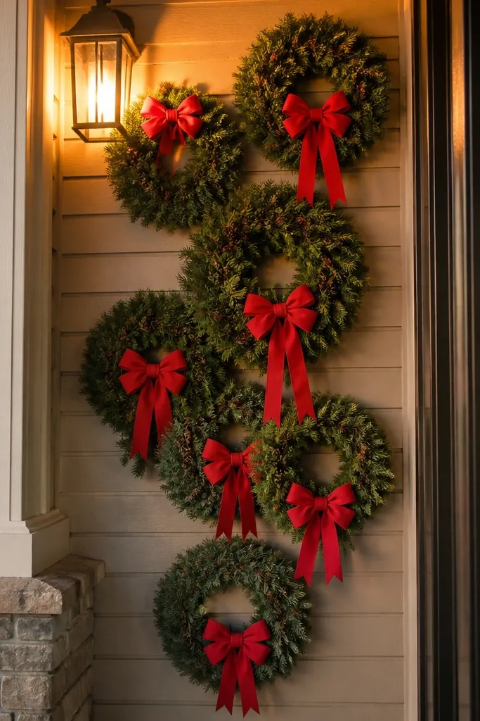 Three small wreaths with red bows clustered on a porch wall