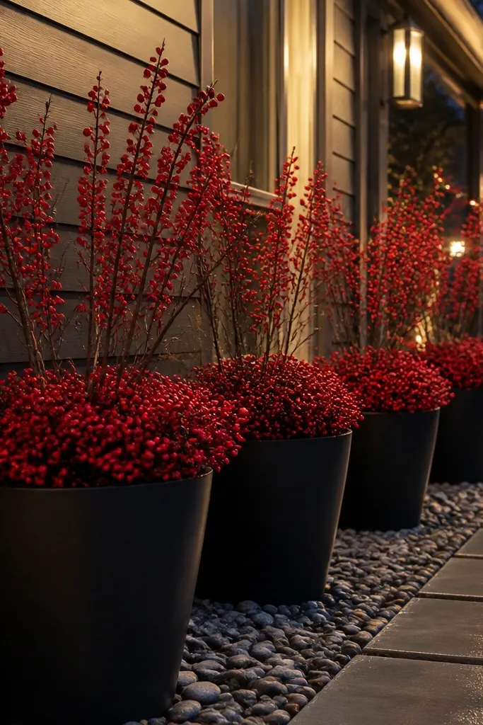 Black planters with faux evergreen and red berry branches lined along a side walkway