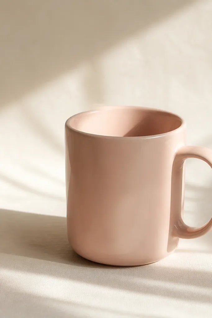A pale blush ceramic mug on a cream paper background, with a small frosted pink glass jar partially in frame. A soft morning window light creates gentle shadows. The widget clock sits over the image area at the top left.